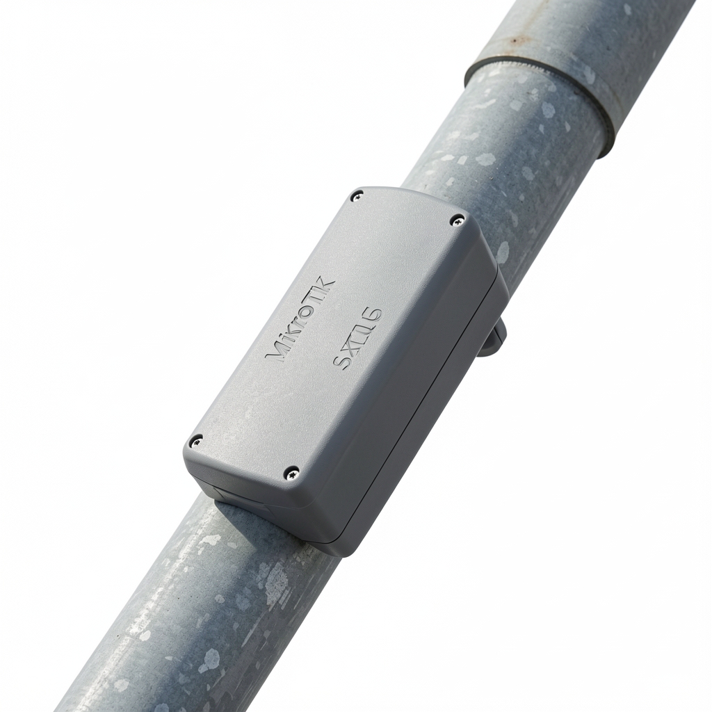 Punct de acces outdoor MikroTik SXTsq 5 ac cu carcasă gri rezistentă la intemperii și montaj pe stâlp, vedere diagonală pe fundal alb