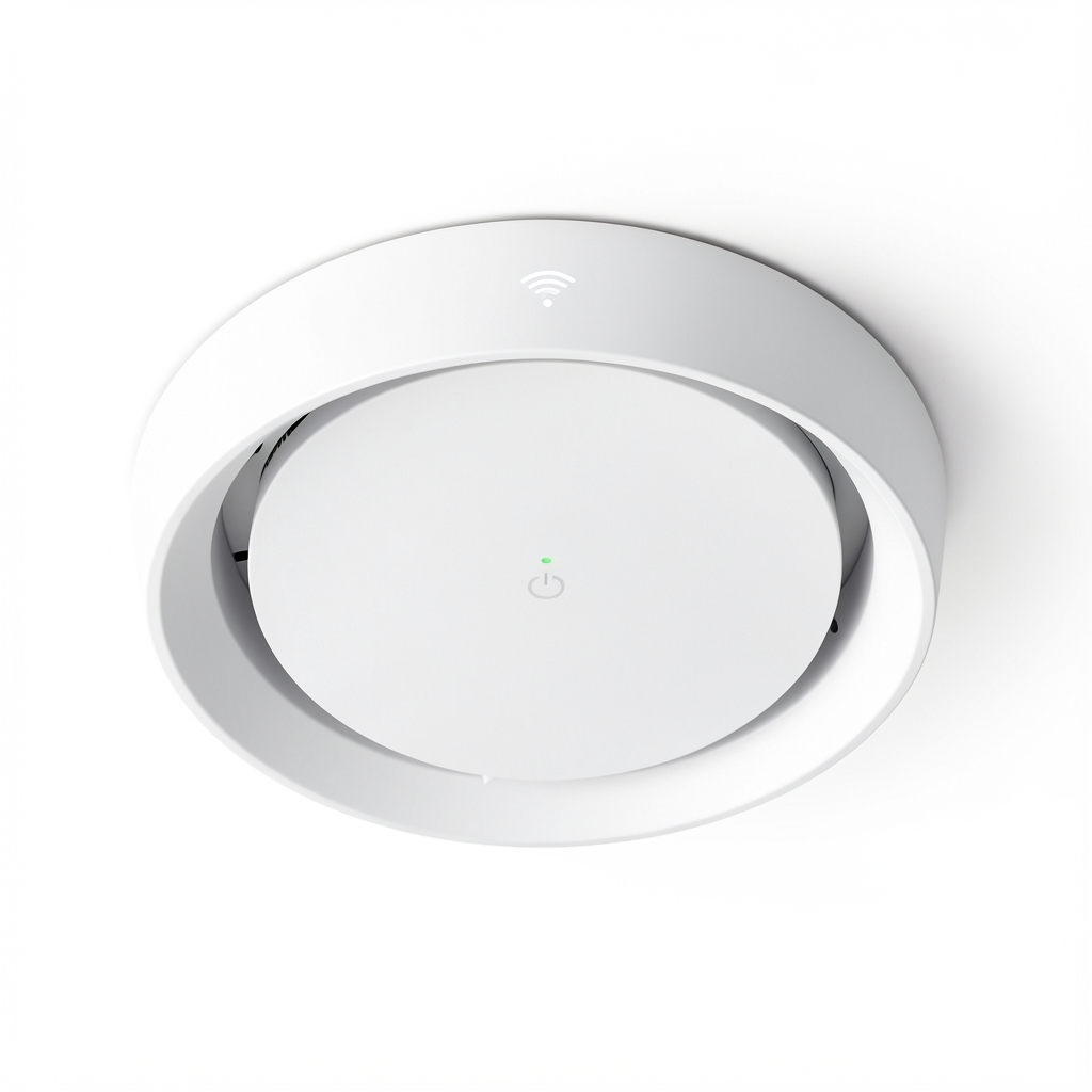 Punct de acces TP-Link EAP670 Wi-Fi 6 cu design plat circular alb pentru tavan, patru antene interne și indicator LED discretă, pe fundal alb