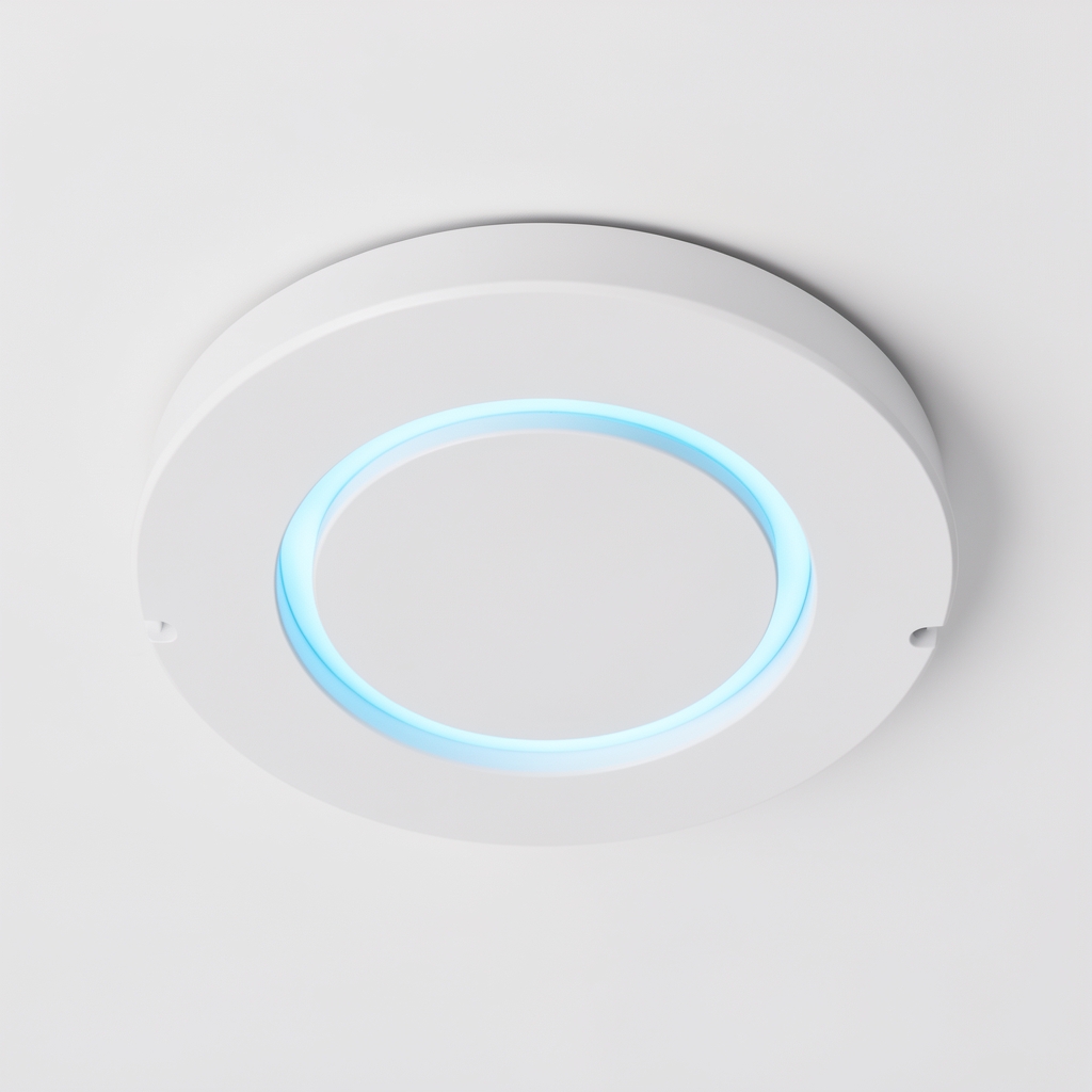 Punct de acces Ubiquiti UniFi U6 Pro cu design circular plat alb pentru montaj pe tavan, LED-ul albastru inelar vizibil, pe fundal alb studio