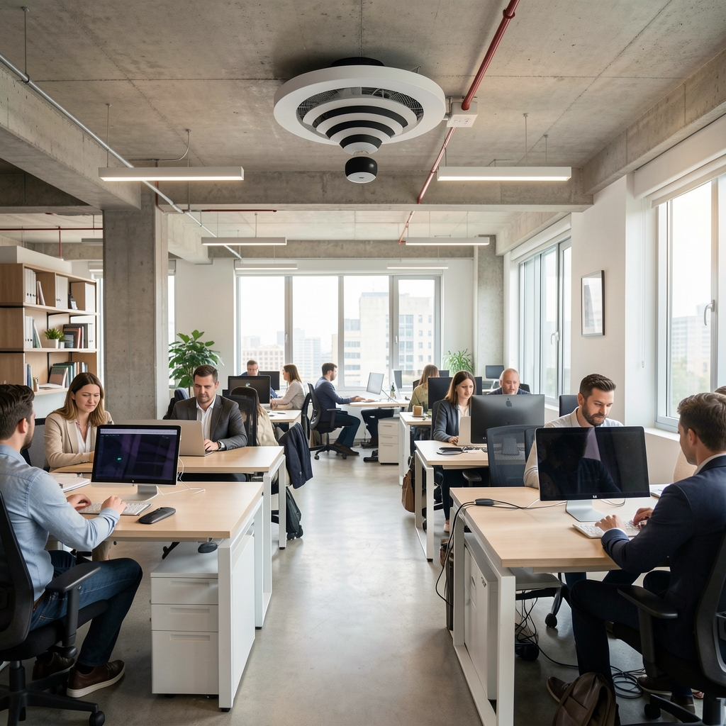 Punct de acces Wi-Fi montat pe tavan intr-un open space de birou modern cu angajati la birouri si laptopuri conectate wireless