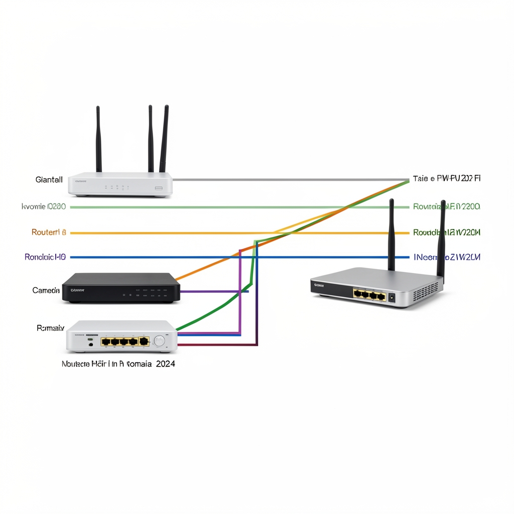 Grafic de analiza evolutie preturi routere Wi-Fi in Romania 2023-2024 pe fundal alb cu linii colorate pentru diferite categorii de produse