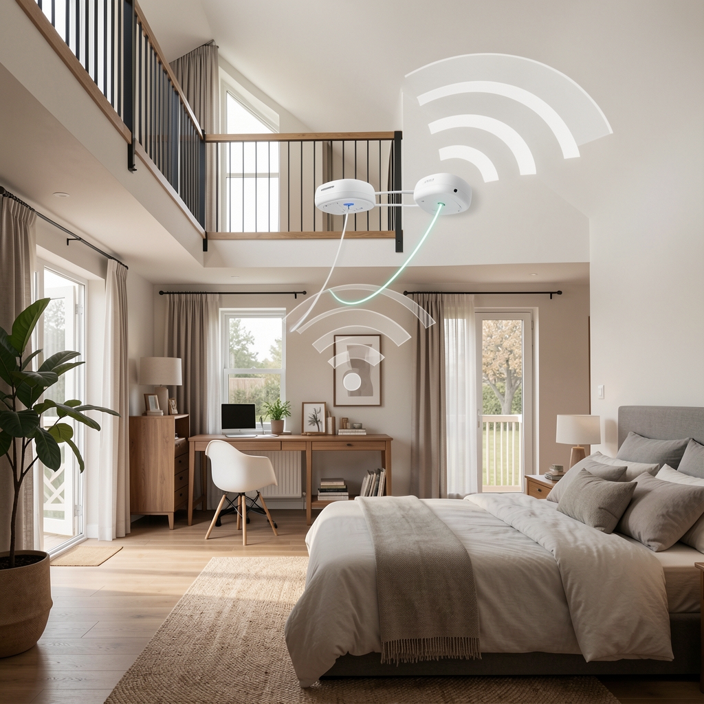 Sistem Mesh Wi-Fi cu doua noduri albe conectate wireless, afisand acoperire optima intr-o casa cu etaje, diagrama cu semnal Wi-Fi in camera de zi si dormitor