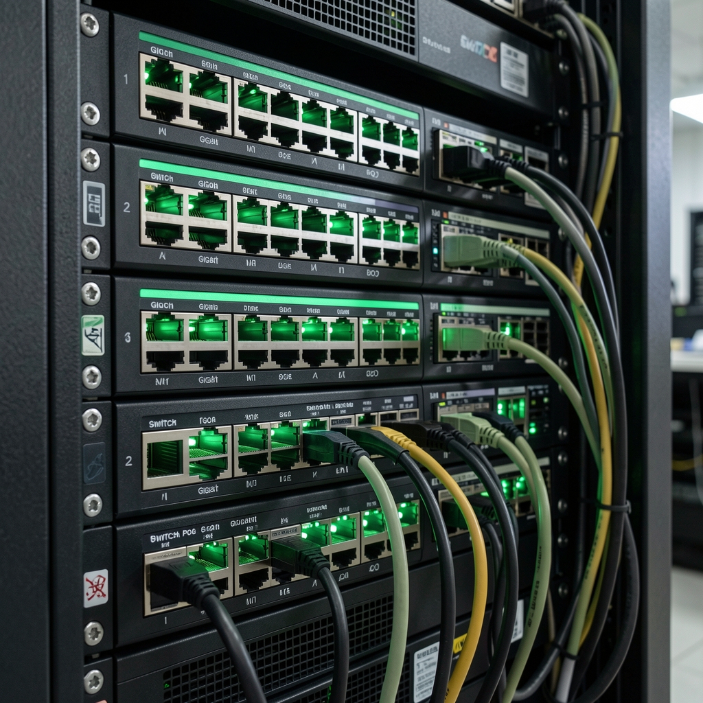 Switch PoE industrial cu 8 porturi Gigabit montate in rack de server, LED-uri verzi active pe toate porturile, cabluri Ethernet conectate