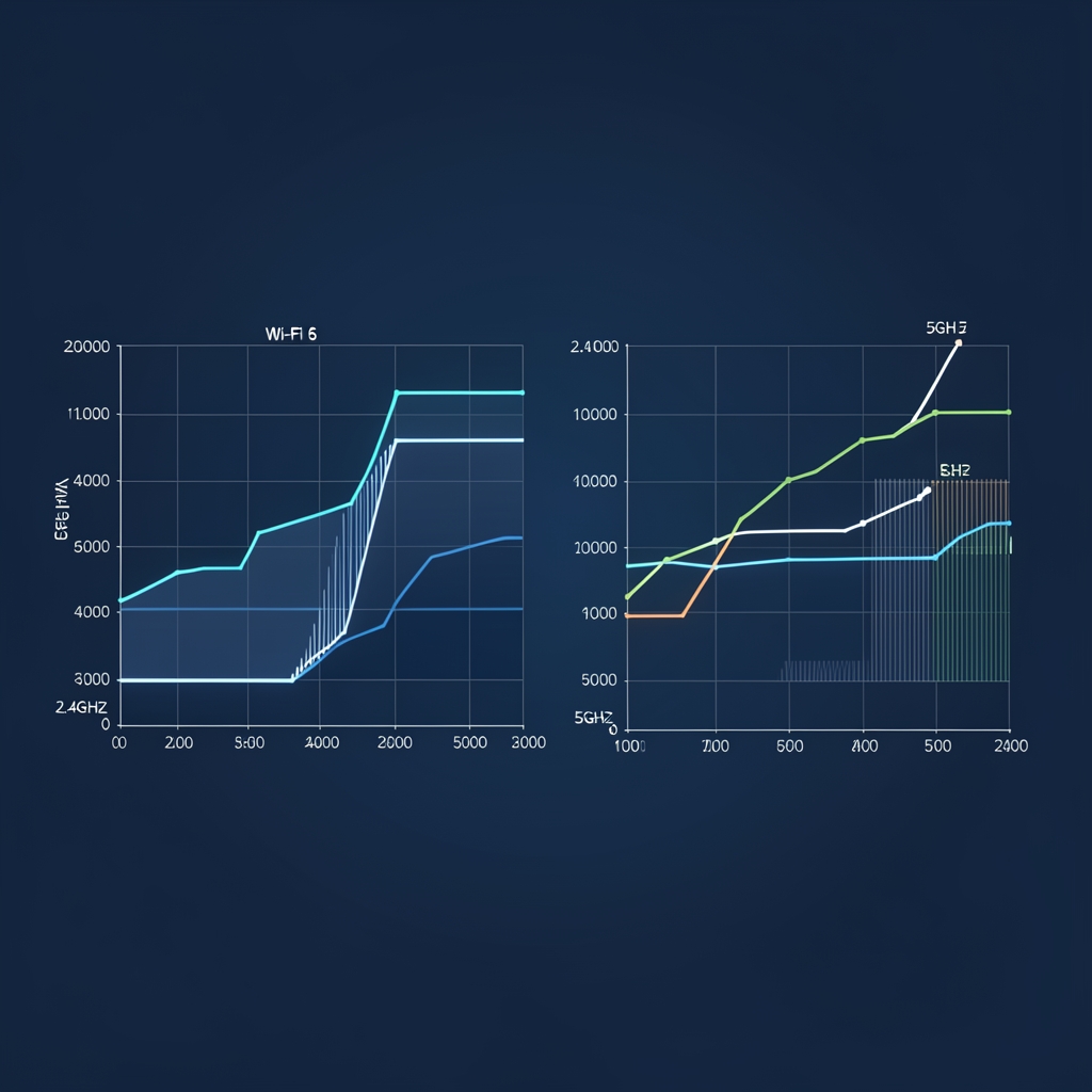 Comparatie vizuala Wi-Fi 6 vs Wi-Fi 5 cu diagrama de throughput pe canale 2.4GHz si 5GHz pe fundal albastru inchis cu grafice tehnice