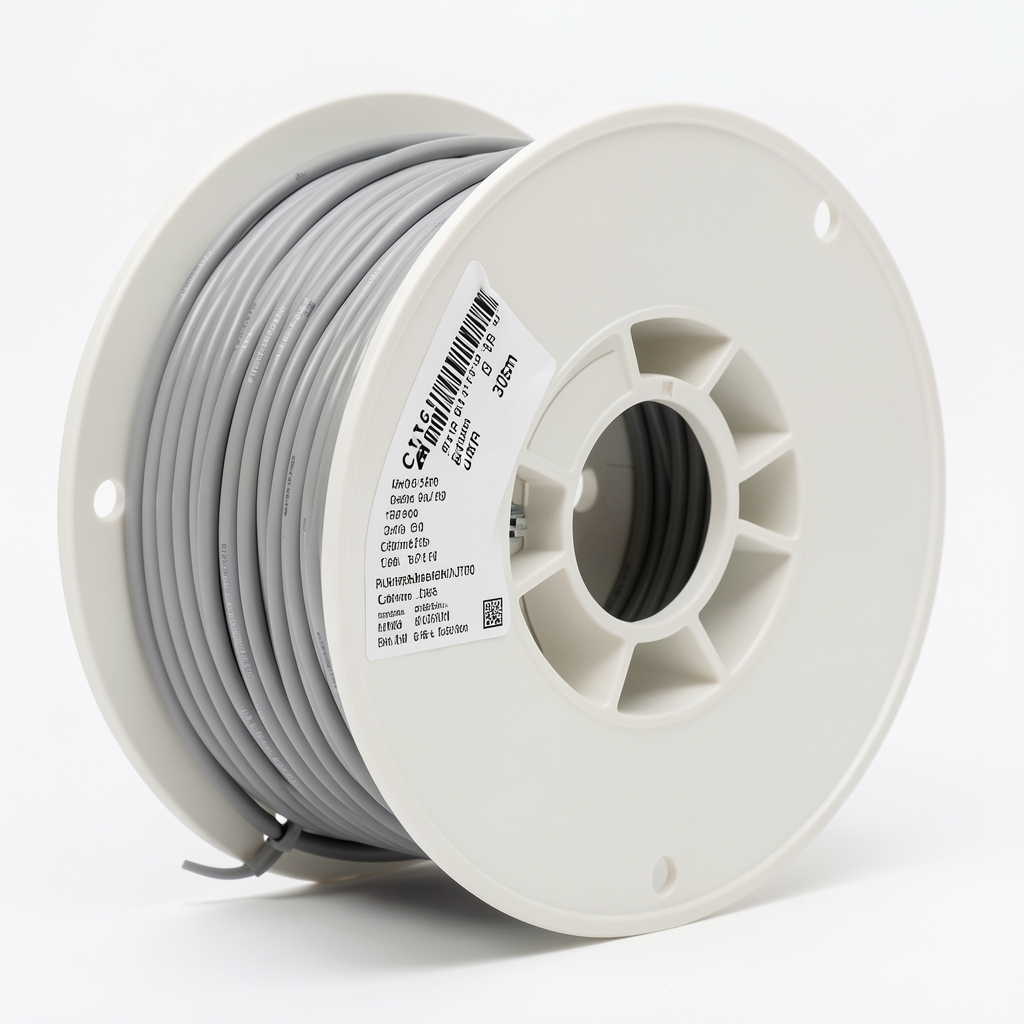 Cablu de rețea Cat6 UTP gri 305m pe tambur industrial alb cu etichetă specificații tehnice, pe fundal alb studio
