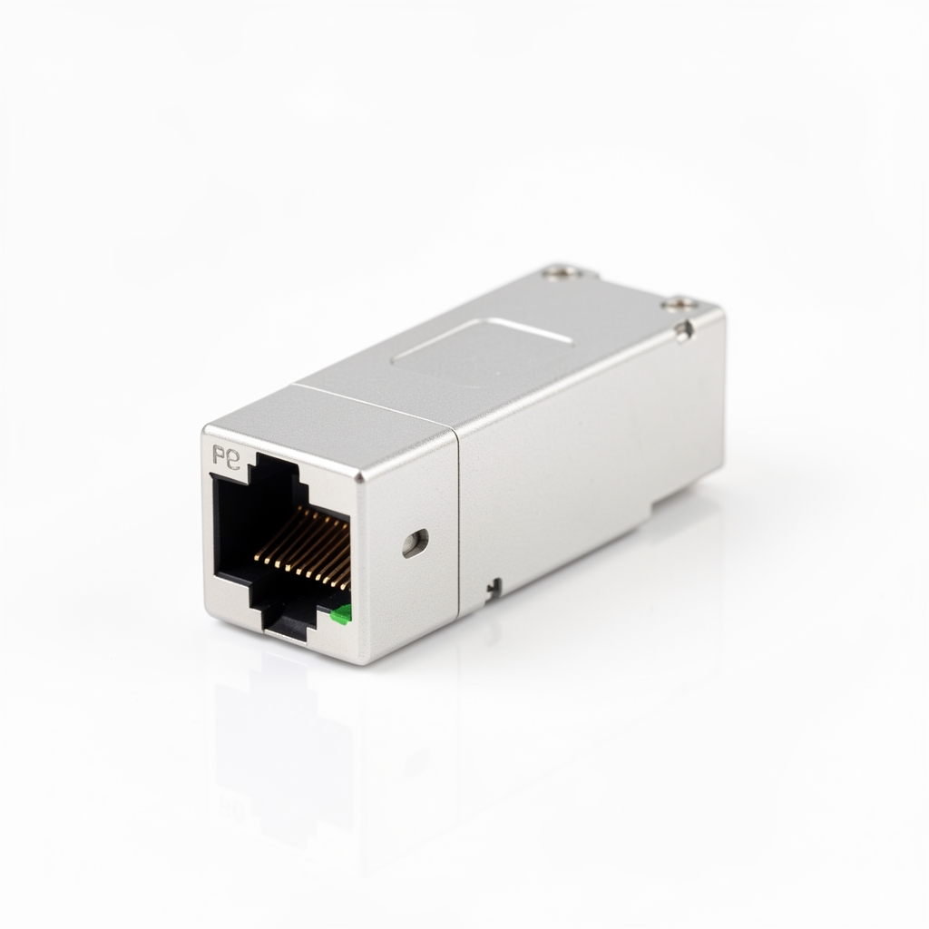 Modul SFP+ MikroTik S+RJ10 10GbE RJ45 cu carcasă metalică argintie și conector RJ45, pe fundal alb cu reflecție subtilă