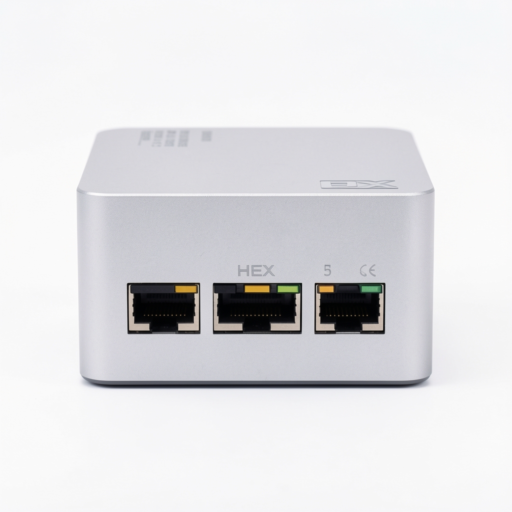 Router Mikrotik hEX S compact metalic argintiu cu 5 porturi Gigabit și port SFP, vedere frontală pe fundal alb