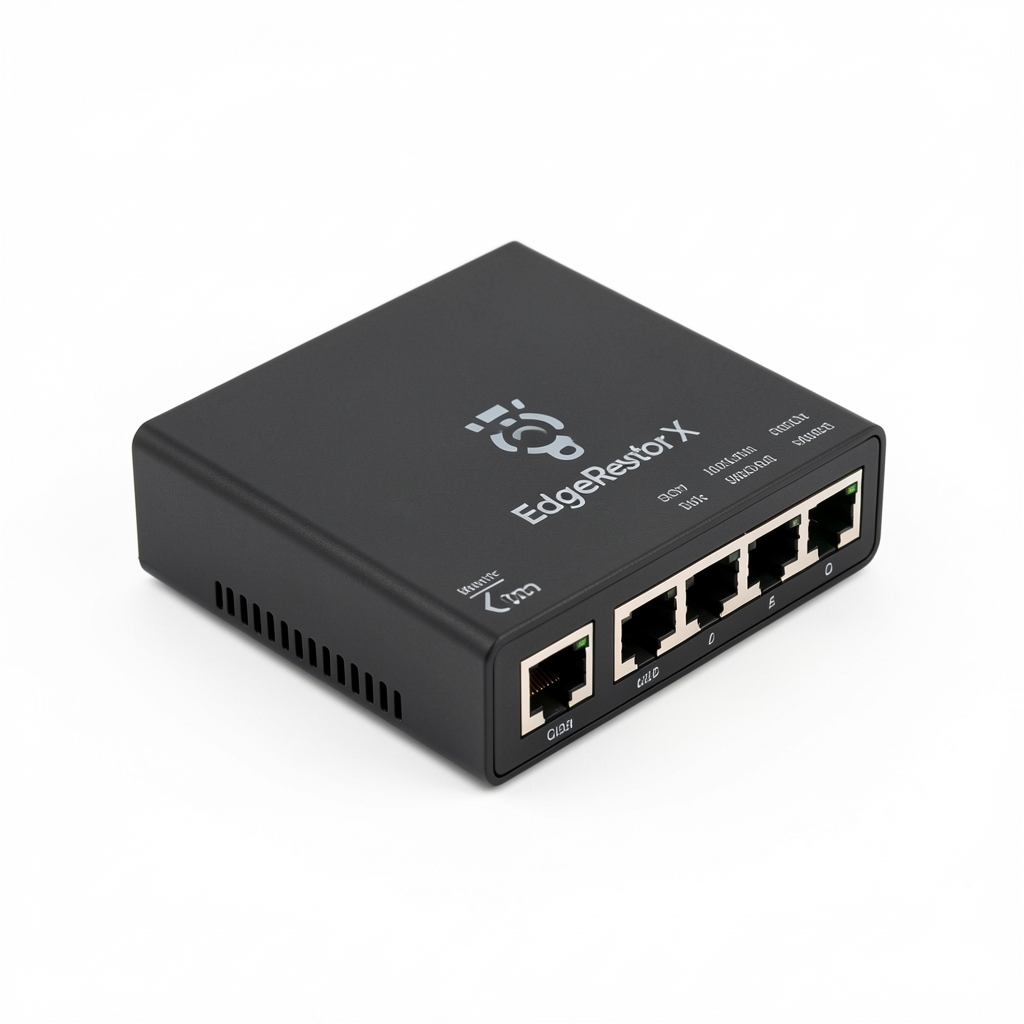 Router Ubiquiti EdgeRouter X compact negru cu 5 porturi Gigabit și design industrial, vedere izometrică pe fundal alb
