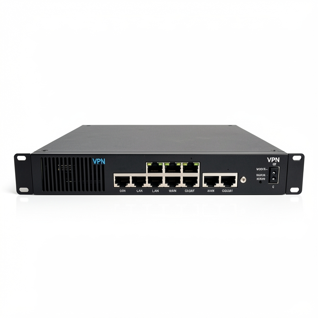 Router Zyxel VPN business negru cu design rack-mountable și 4 porturi WAN/LAN Gigabit, vizualizat pe fundal alb