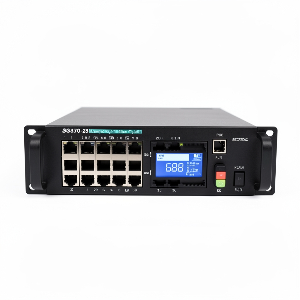 Switch Cisco SG350-28 managed 28 porturi Gigabit cu display LCD și buton de resetare, carcasă neagră 1U rack, pe fundal alb