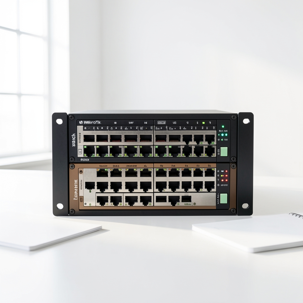 Switch MikroTik CRS328-24P-4S+RM cu 24 porturi PoE și 4 SFP+, design rack 1U negru cu LED-uri de stare, vedere frontală pe fundal alb
