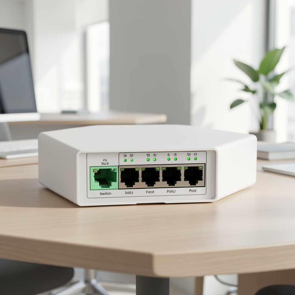 Switch TP-Link TL-SG1008P cu 8 porturi PoE+ Gigabit și 4 porturi standard, LED-uri verzi de activitate, carcasă metalică albă